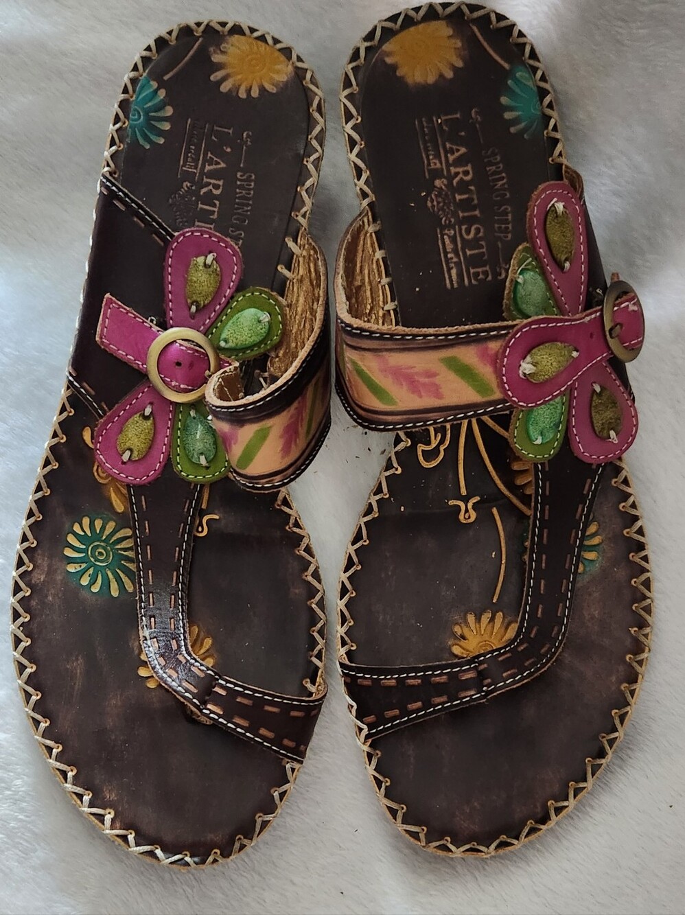 L'ATISTE Brown Leather Floral Buckle Sandals with Pink & Green Accents